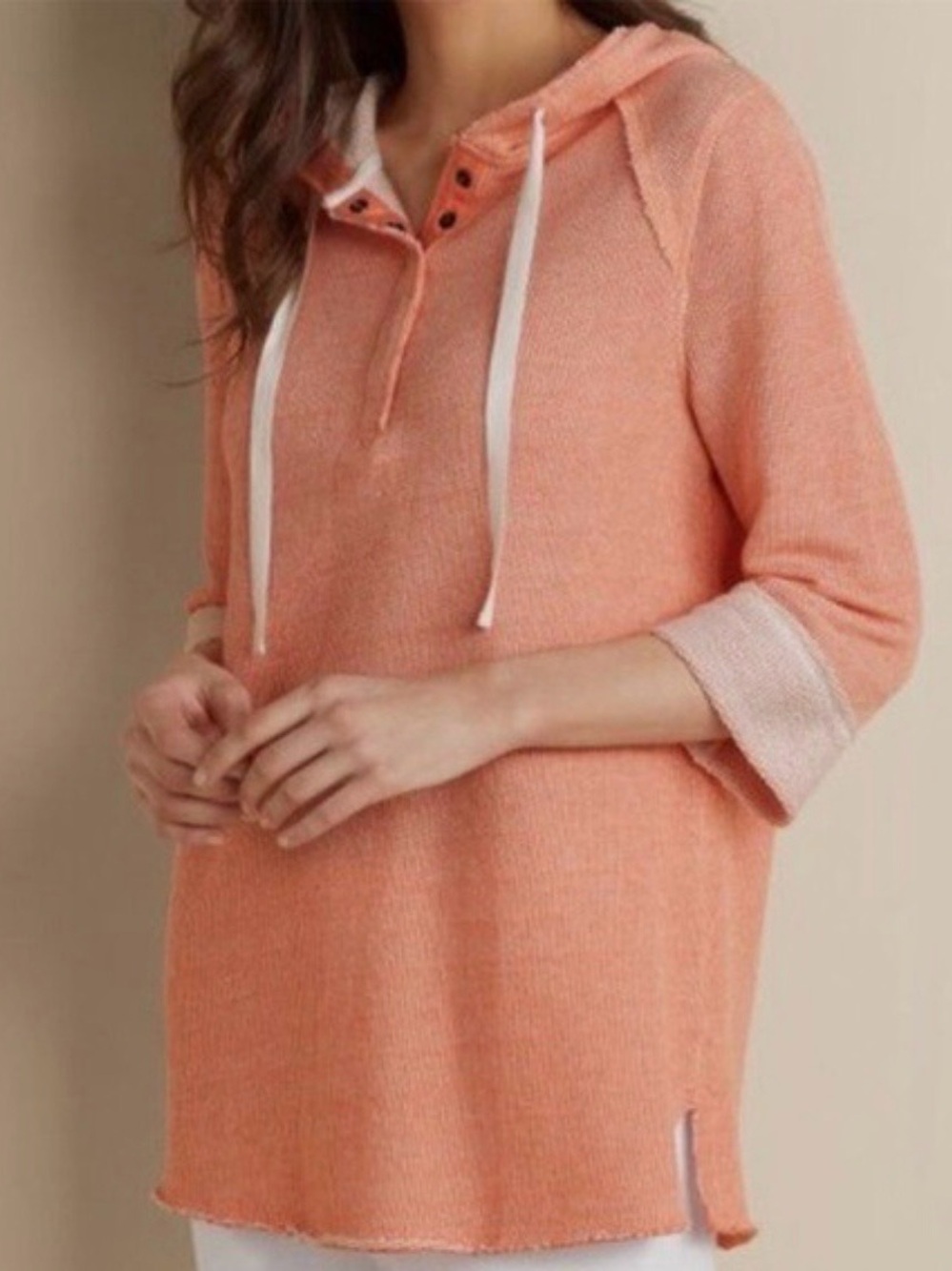 Soft Surroundings Just Beachy Pullover 2AG32 Coral French Terry Hoodie Size L